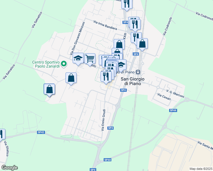 map of restaurants, bars, coffee shops, grocery stores, and more near 16 Via Giacomo Matteotti in San Giorgio di Piano