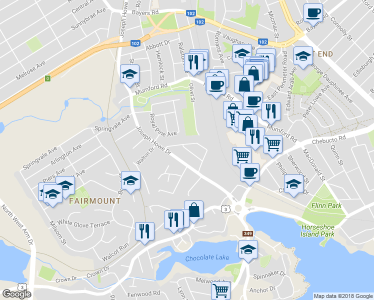 map of restaurants, bars, coffee shops, grocery stores, and more near 2830 Melton Avenue in Halifax