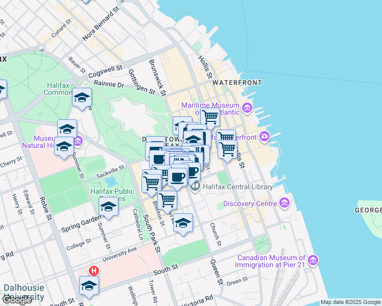 map of restaurants, bars, coffee shops, grocery stores, and more near 1583 Brunswick Street in Halifax