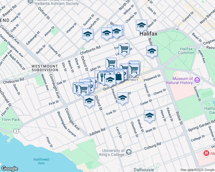 map of restaurants, bars, coffee shops, grocery stores, and more near 6293 Quinpool Road in Halifax