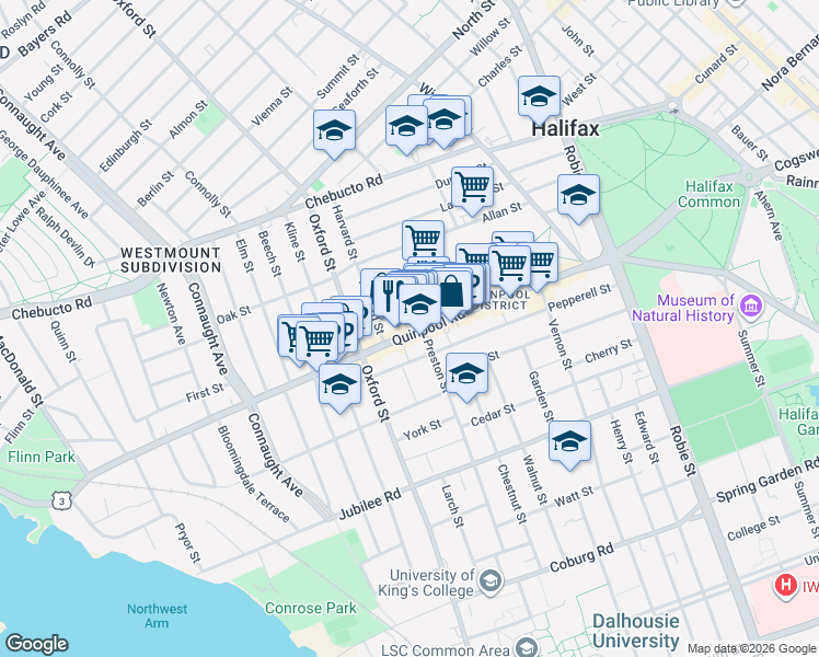 map of restaurants, bars, coffee shops, grocery stores, and more near 6293 Quinpool Road in Halifax