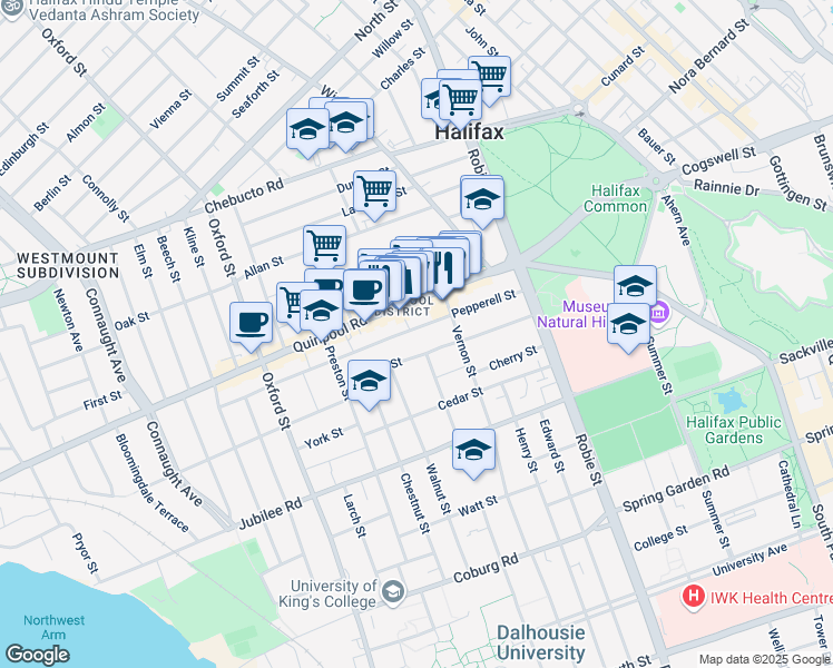 map of restaurants, bars, coffee shops, grocery stores, and more near 6130 Quinpool Road in Halifax