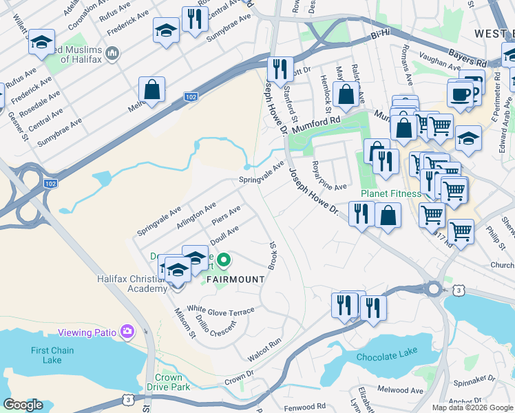 map of restaurants, bars, coffee shops, grocery stores, and more near 147 Brook Street in Halifax