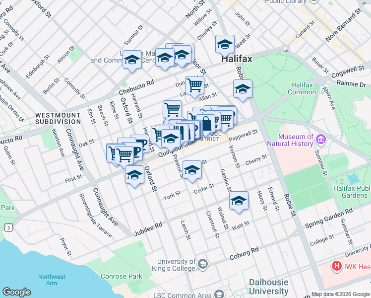 map of restaurants, bars, coffee shops, grocery stores, and more near 6238 Quinpool Road in Halifax