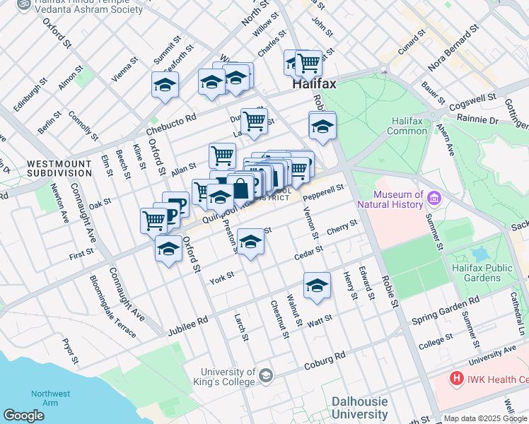 map of restaurants, bars, coffee shops, grocery stores, and more near 6139 Quinpool Road in Halifax