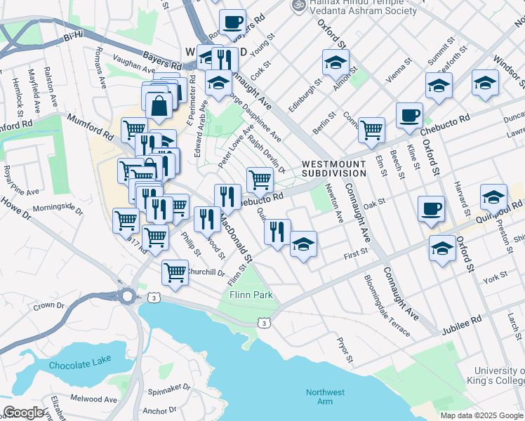 map of restaurants, bars, coffee shops, grocery stores, and more near Quinn Street in Halifax