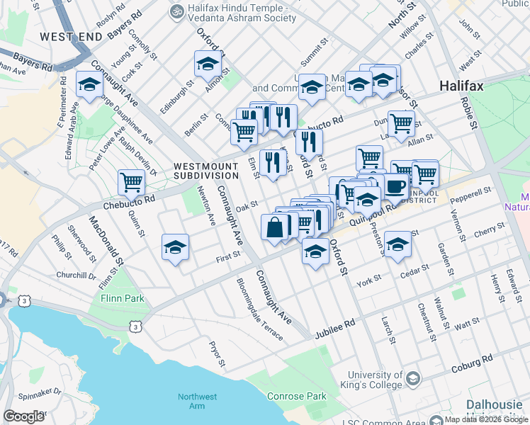 map of restaurants, bars, coffee shops, grocery stores, and more near 2494 Elm Street in Halifax