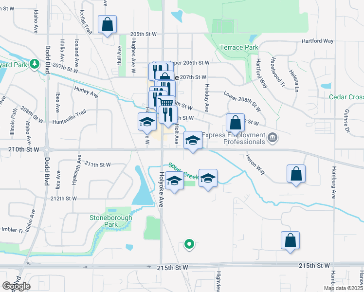 map of restaurants, bars, coffee shops, grocery stores, and more near 20950 Holt Avenue in Lakeville