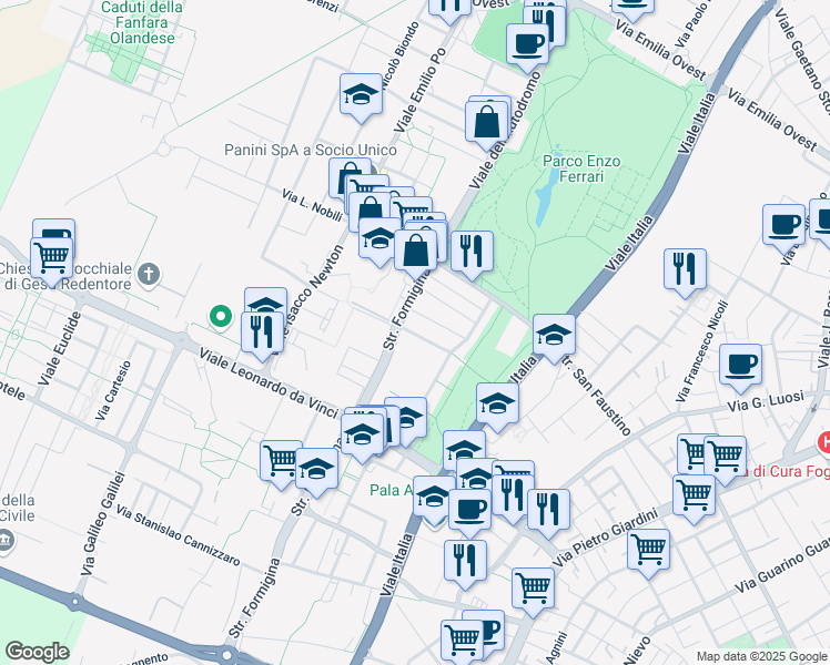 map of restaurants, bars, coffee shops, grocery stores, and more near 35 Strada Formigina in Modena