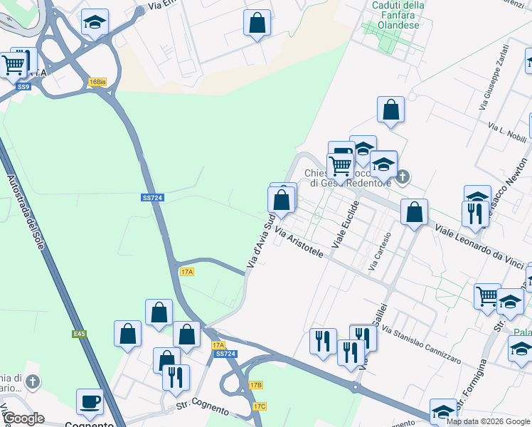 map of restaurants, bars, coffee shops, grocery stores, and more near 10 Strada Fonte San Geminiano Est in Modena