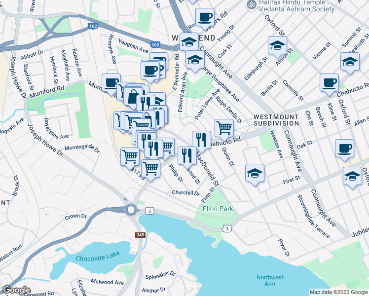 map of restaurants, bars, coffee shops, grocery stores, and more near 6930 Mumford Road in Halifax