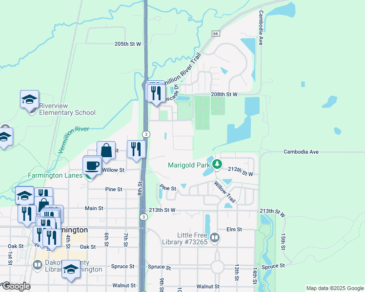 map of restaurants, bars, coffee shops, grocery stores, and more near 20935 Carver Street in Farmington