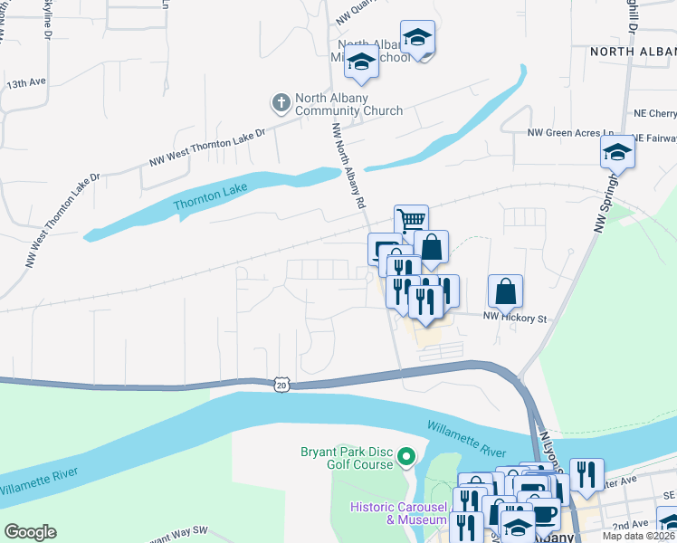 map of restaurants, bars, coffee shops, grocery stores, and more near 807 Northwest Teak Loop in Albany