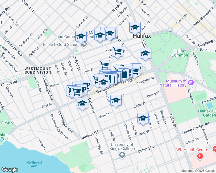 map of restaurants, bars, coffee shops, grocery stores, and more near 6253 Quinpool Road in Halifax