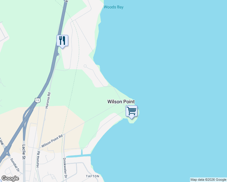 map of restaurants, bars, coffee shops, grocery stores, and more near 4330 Wilson Point Road North in Orillia