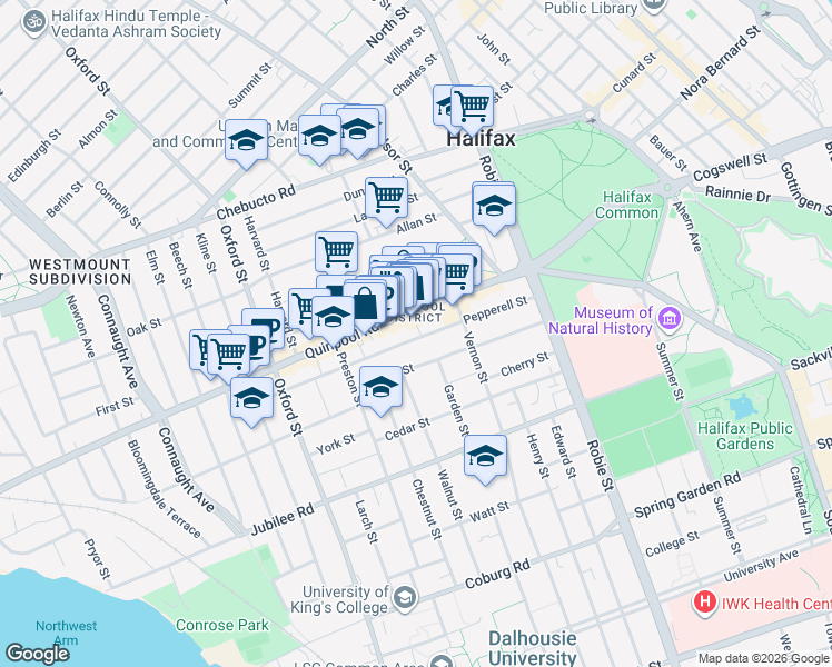 map of restaurants, bars, coffee shops, grocery stores, and more near 6173 Pepperell Street in Halifax