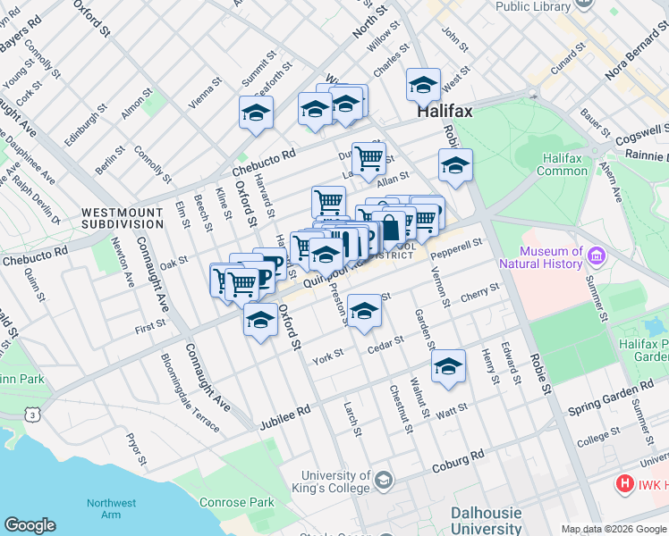 map of restaurants, bars, coffee shops, grocery stores, and more near 6261 Quinpool Road in Halifax