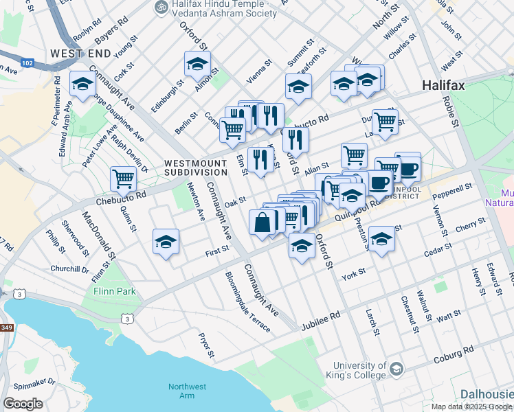 map of restaurants, bars, coffee shops, grocery stores, and more near 2091 Elm Street in Halifax