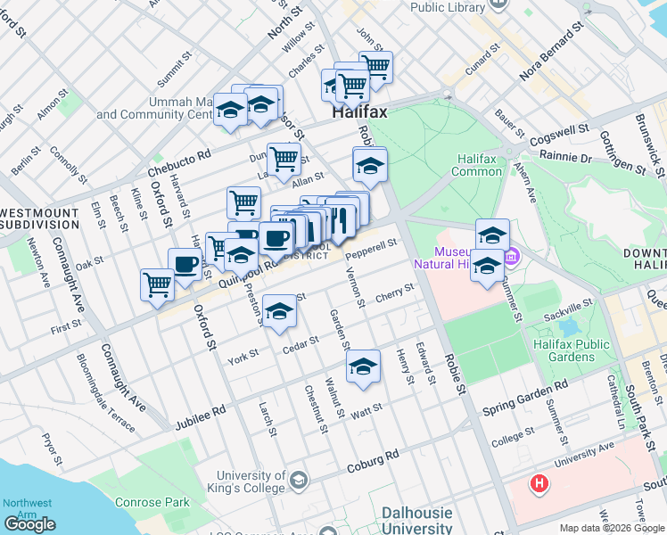 map of restaurants, bars, coffee shops, grocery stores, and more near 6130 Quinpool Road in Halifax