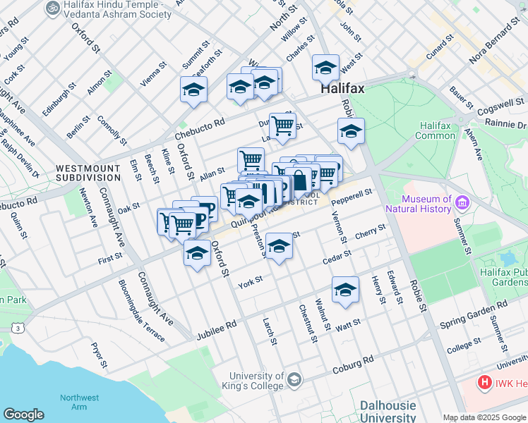 map of restaurants, bars, coffee shops, grocery stores, and more near 6253 Quinpool Road in Halifax