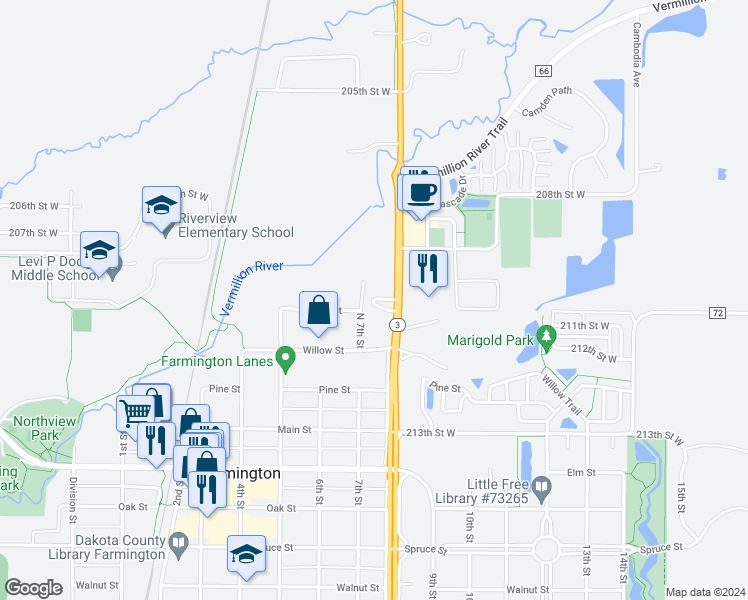 map of restaurants, bars, coffee shops, grocery stores, and more near 20991 Chippendale Avenue West in Farmington