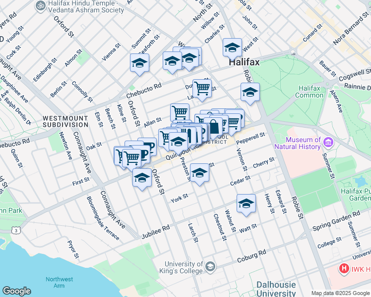 map of restaurants, bars, coffee shops, grocery stores, and more near 6253 Quinpool Road in Halifax