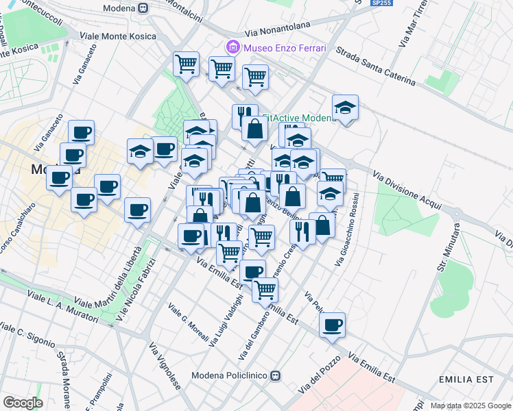 map of restaurants, bars, coffee shops, grocery stores, and more near 31 Viale Vincenzo Bellini in Modena