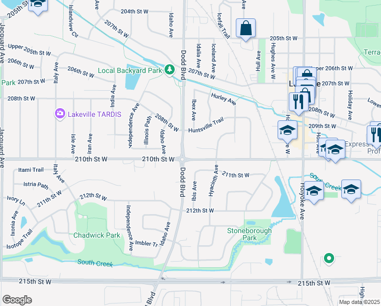 map of restaurants, bars, coffee shops, grocery stores, and more near 20964 Hydra Court in Lakeville