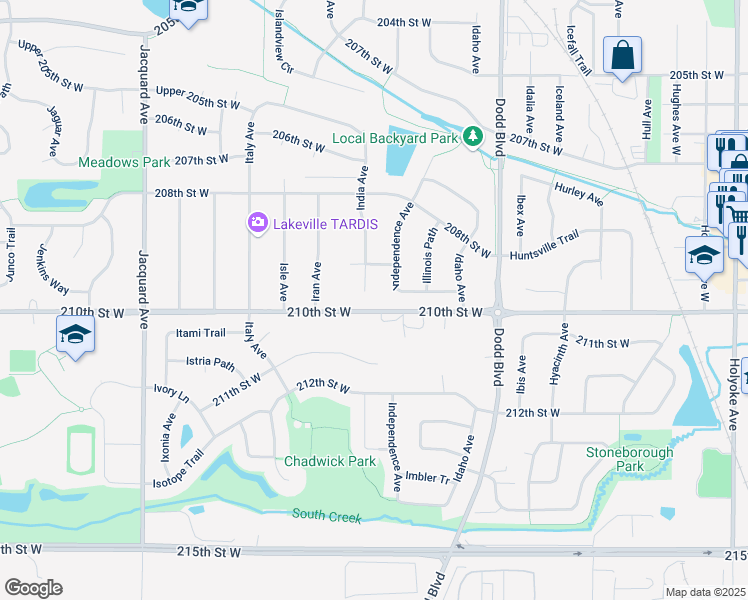 map of restaurants, bars, coffee shops, grocery stores, and more near 20915 Independence Avenue in Lakeville