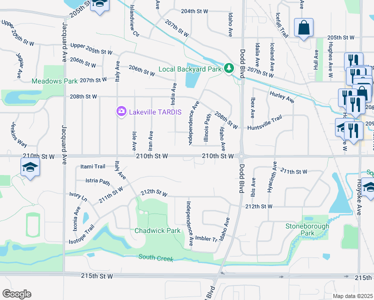 map of restaurants, bars, coffee shops, grocery stores, and more near 20915 Independence Avenue in Lakeville