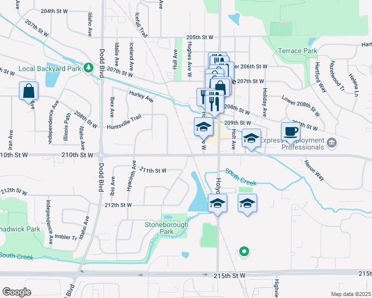 map of restaurants, bars, coffee shops, grocery stores, and more near 8989 210th Street West in Lakeville