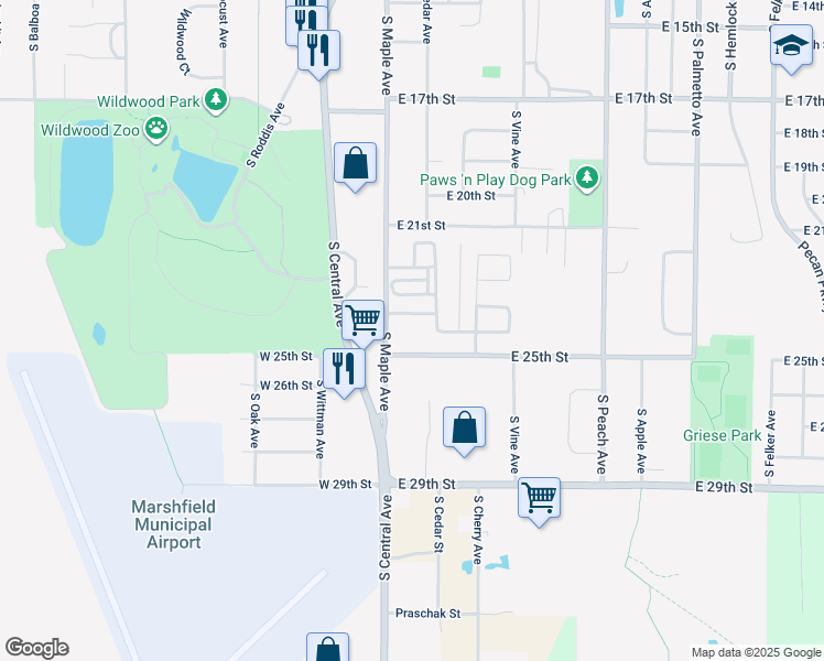 map of restaurants, bars, coffee shops, grocery stores, and more near 2405 South Maple Avenue in Marshfield