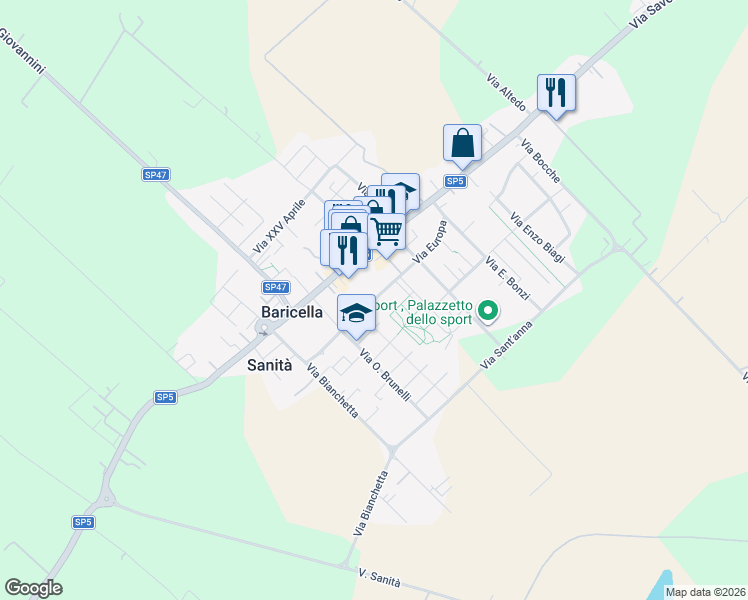 map of restaurants, bars, coffee shops, grocery stores, and more near 14 Via Europa in Città Metropolitana di Bologna