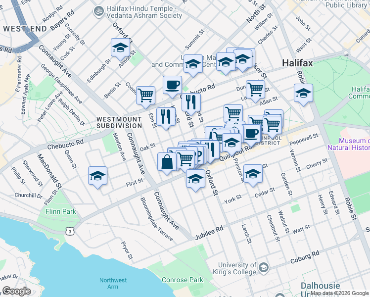 map of restaurants, bars, coffee shops, grocery stores, and more near in Halifax