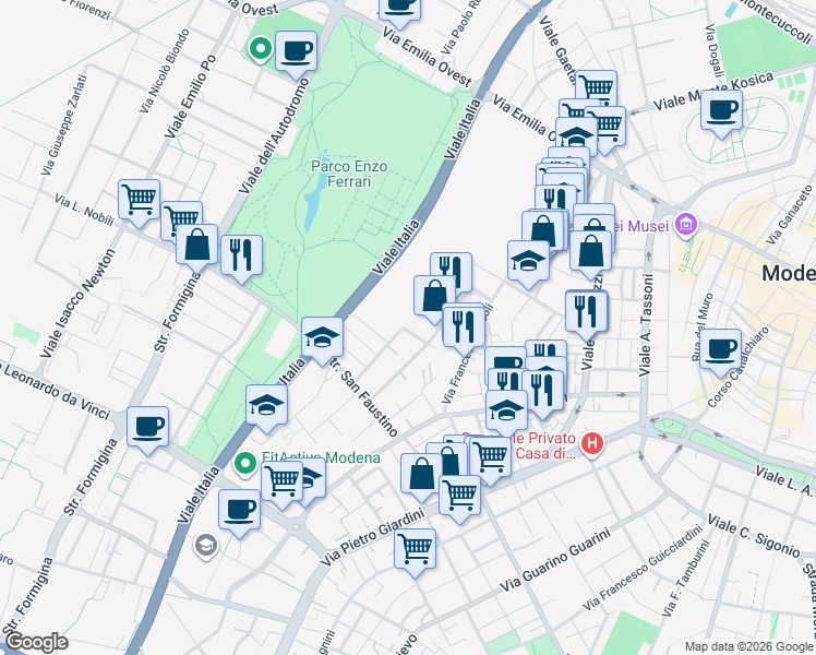 map of restaurants, bars, coffee shops, grocery stores, and more near 125 Via Bartolomeo Bonasia in Modena