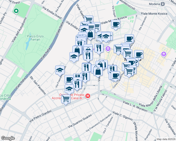 map of restaurants, bars, coffee shops, grocery stores, and more near 152-200 Viale Jacopo Barozzi in Modena