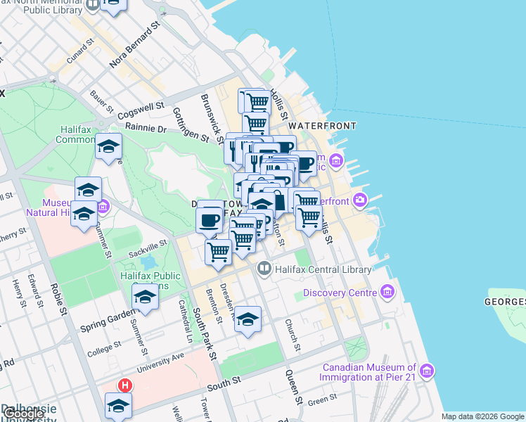map of restaurants, bars, coffee shops, grocery stores, and more near 5285 Sackville Street in Halifax