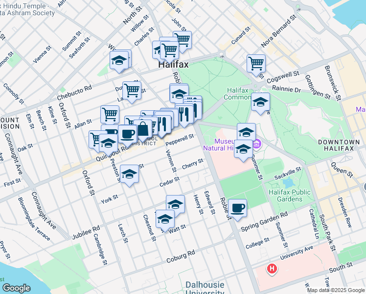 map of restaurants, bars, coffee shops, grocery stores, and more near 6044 Pepperell Street in Halifax