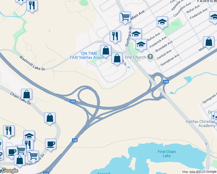 map of restaurants, bars, coffee shops, grocery stores, and more near 16 Lauderdale Court in Halifax