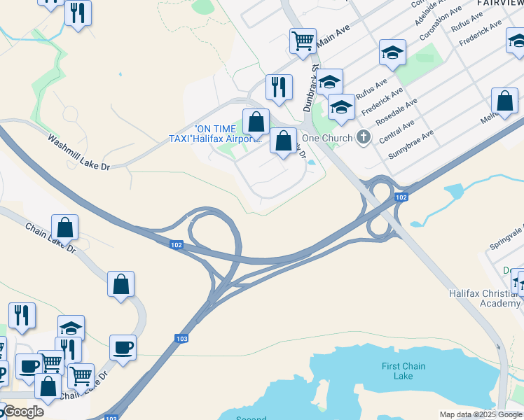 map of restaurants, bars, coffee shops, grocery stores, and more near 16 Lauderdale Court in Halifax
