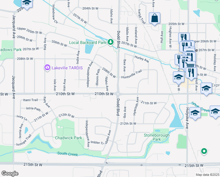 map of restaurants, bars, coffee shops, grocery stores, and more near 20920 Idaho Avenue in Lakeville