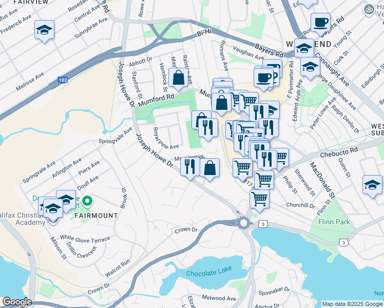 map of restaurants, bars, coffee shops, grocery stores, and more near 7135 Morningside Drive in Halifax