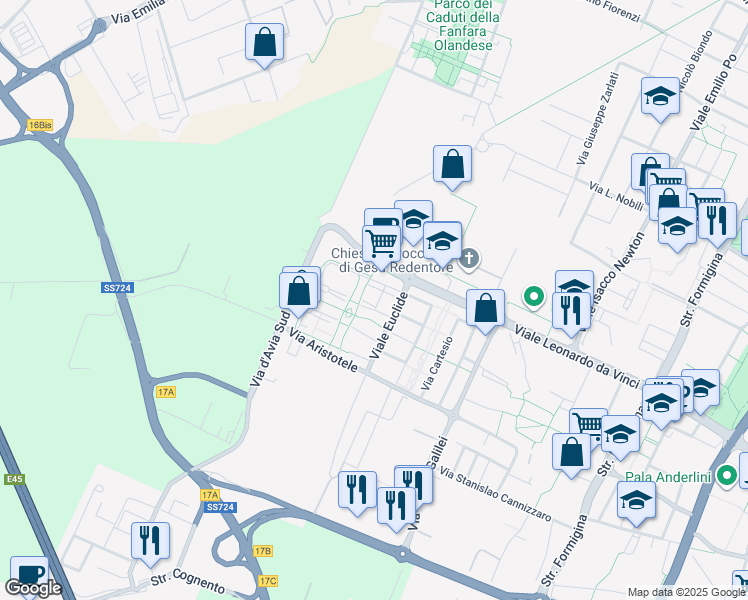 map of restaurants, bars, coffee shops, grocery stores, and more near Via Antonio Pignedoli in Modena