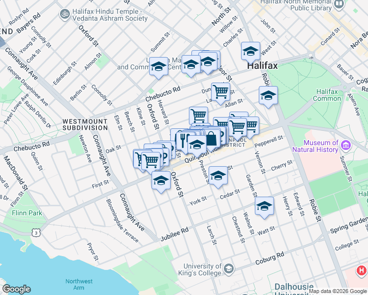 map of restaurants, bars, coffee shops, grocery stores, and more near 6311 Yale Street in Halifax