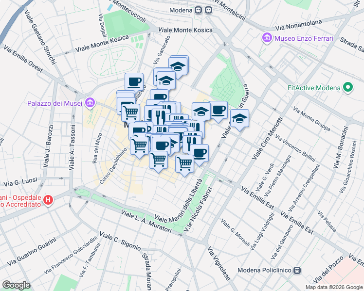 map of restaurants, bars, coffee shops, grocery stores, and more near 76 Via Emilia in Modena