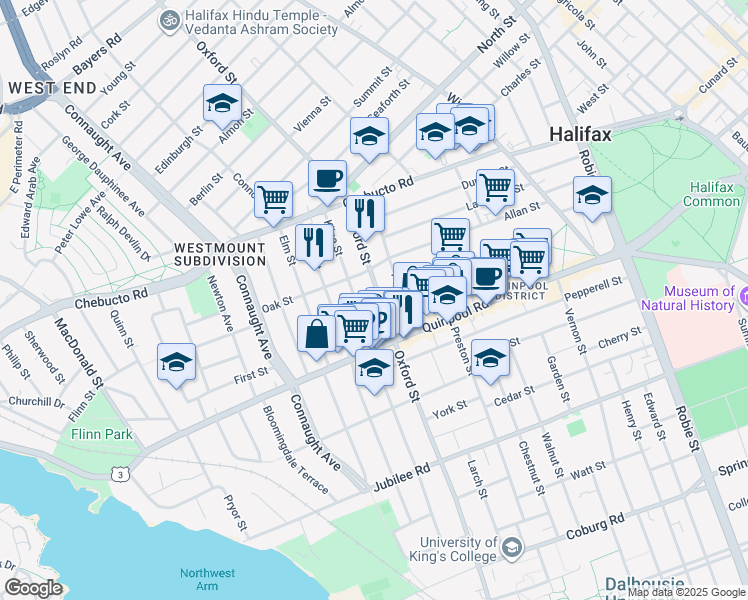 map of restaurants, bars, coffee shops, grocery stores, and more near 2070 Oxford Street in Halifax