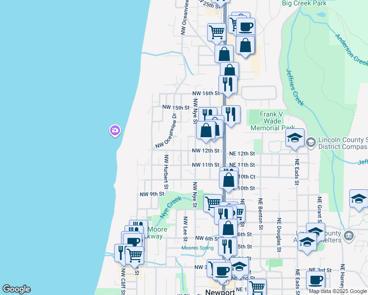 map of restaurants, bars, coffee shops, grocery stores, and more near 1231 Northwest Nye Street in Newport