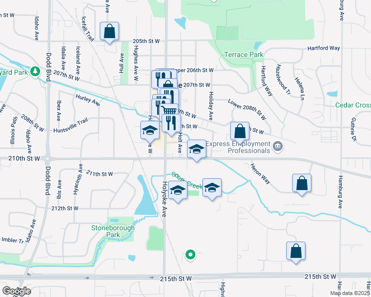 map of restaurants, bars, coffee shops, grocery stores, and more near 20950 Holt Avenue in Lakeville