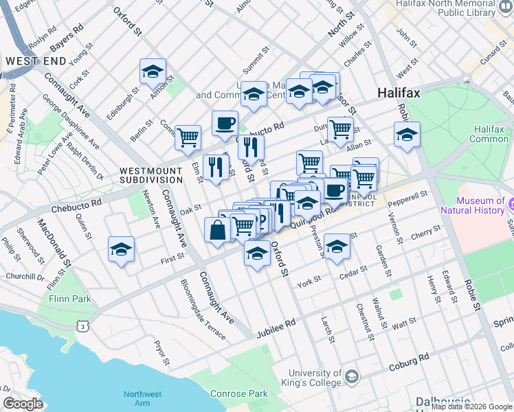 map of restaurants, bars, coffee shops, grocery stores, and more near 2070 Oxford Street in Halifax