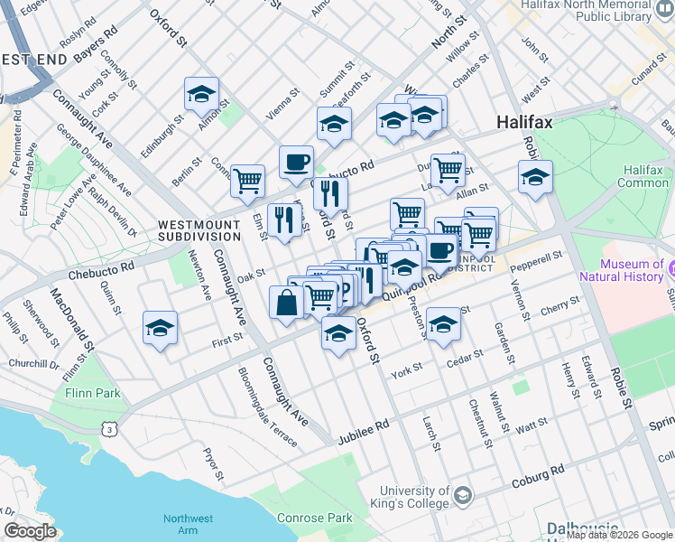 map of restaurants, bars, coffee shops, grocery stores, and more near 2070 Oxford Street in Halifax